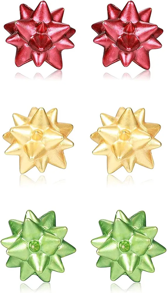 3 Pairs Christmas Earrings For Women Xmas Jewelry Bow Stud Earrings Green Red Gold Holiday Christmas Bow Earrings Set Christmas Gifts - Grocery