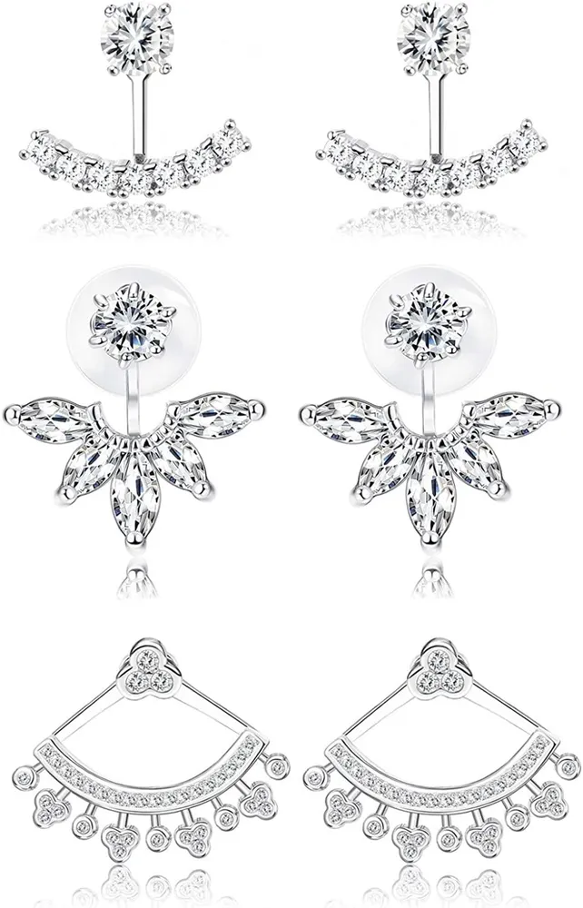 3 Pairs 18K White Gold Plated Clear Crystal Leaf Feather Stud Earrings - Grocery