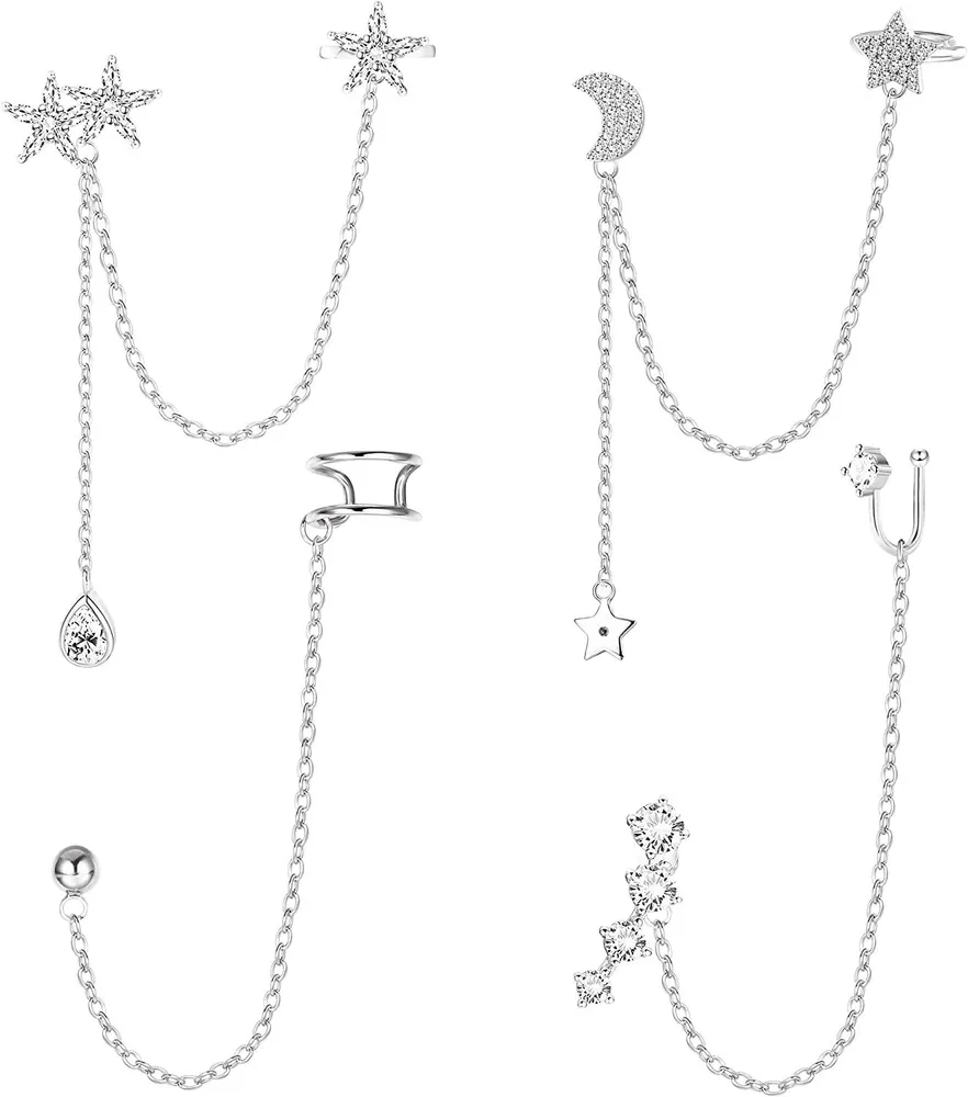4 Pcs Cuff Chain Earrings for Women Asymmetric Moon Star CZ Ear Cuff Draping Crawler Studs Earring Chain Climber Dangle Earrings - Grocery