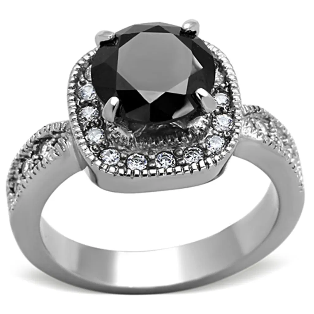 TK1322 - High polished (no plating) Stainless Steel Ring with AAA Grade CZ in Black Diamond - Grocery