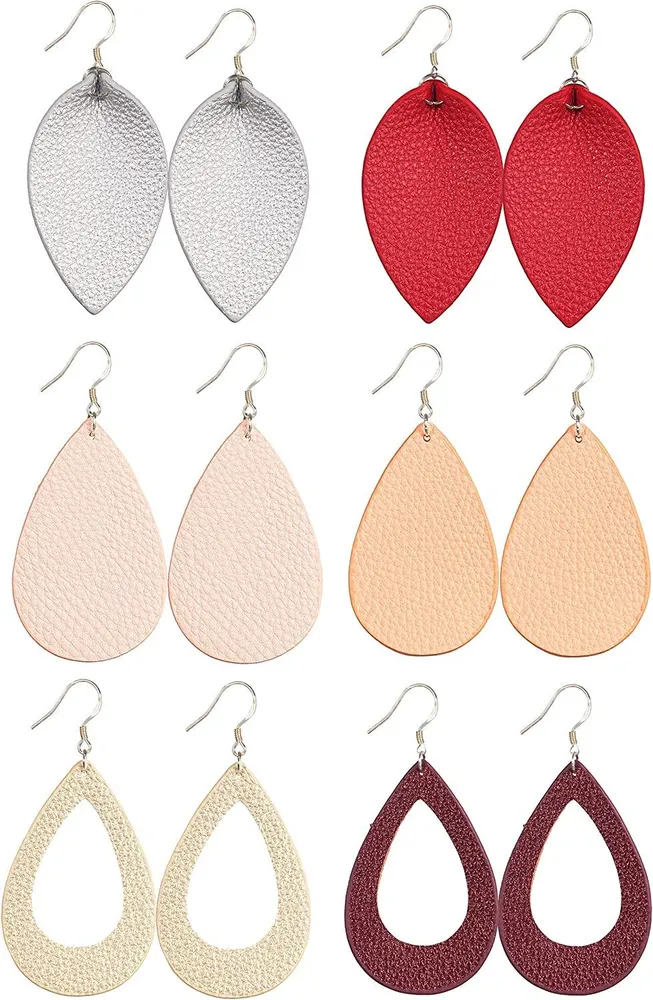 6 Pairs Faux Leather Earrings Set for Women 925 Sterling Silver Leather Dangle Earrings Lightweight - Grocery