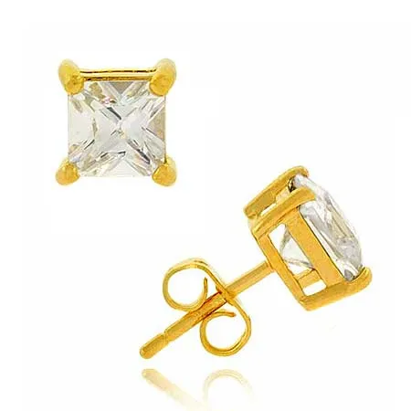 18K Gold over Sterling Silver CZ 6mm Square Stud Earrings - Grocery