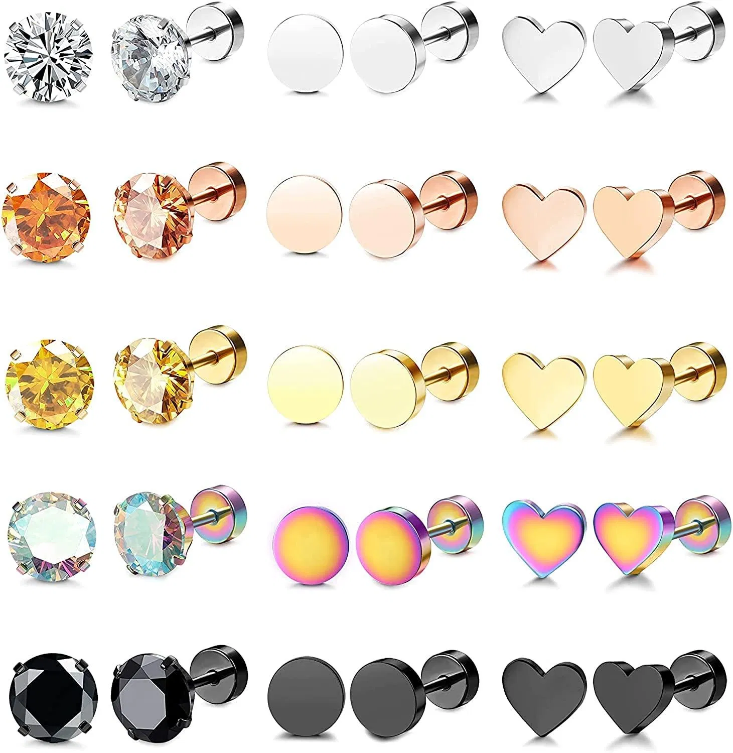 15 Pairs Tiny Cartilage Stud Earrings Stainless Flat Back Earrings for Women Men Heart CZ Trague Stud Earrings Screw Earrings Ear Piercing Set - Grocery