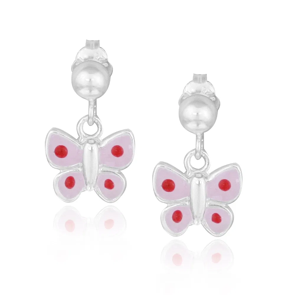 Sterling Silver Pink & Red Enamel Butterfly Girls Dangle Earrings - Grocery