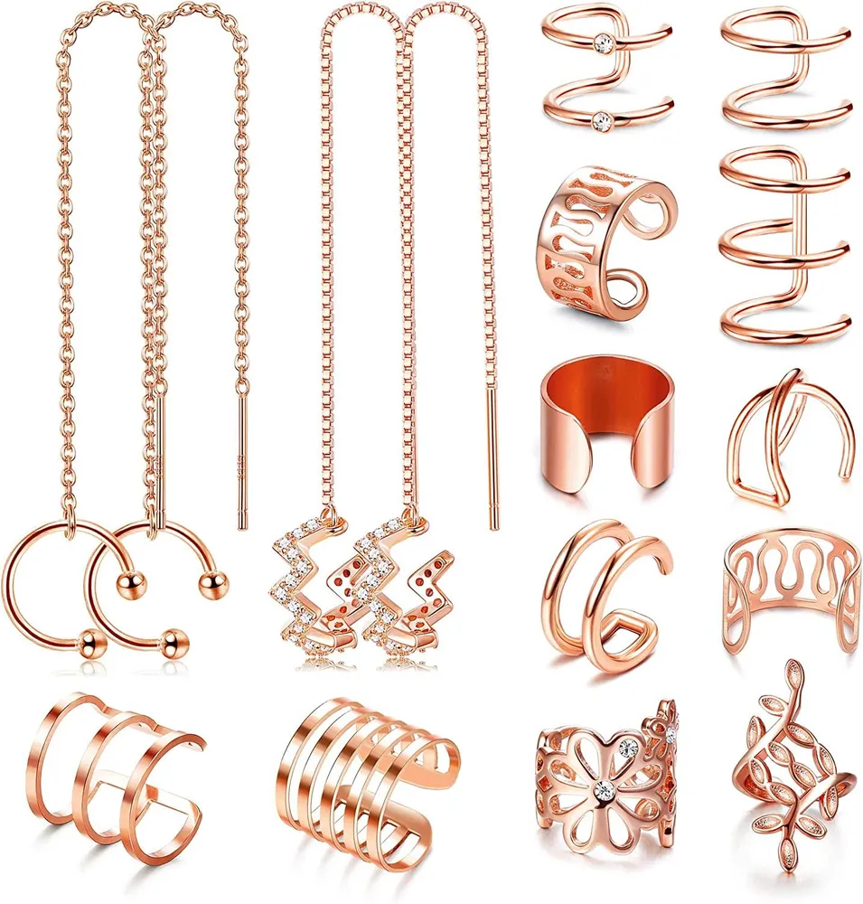 16 Pcs Stainless Steel Non Piercing Earrings Set Wave Cuff Chain Earrings Helix Cartilage Clip On Wrap Earrings - Grocery