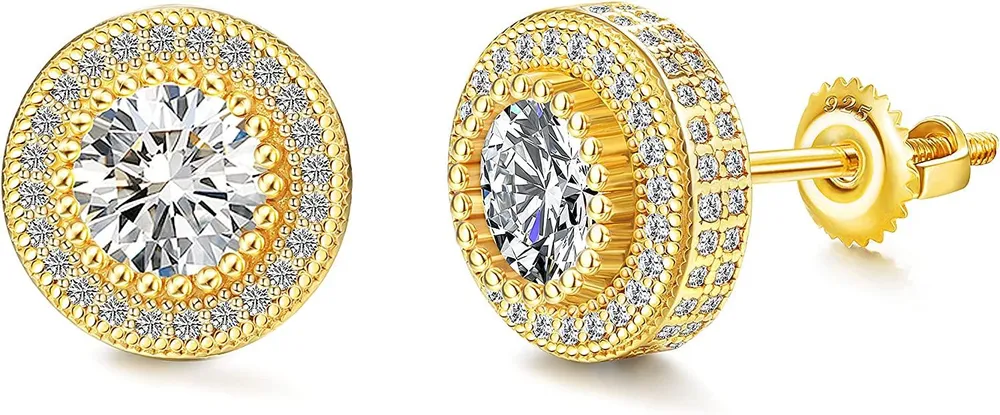 Sterling Silver Post Stud Earrings for Men Women 18K Gold Plated Hypoallergenic Iced Out Earrings Round CZ Halo Stud Earrings - Grocery