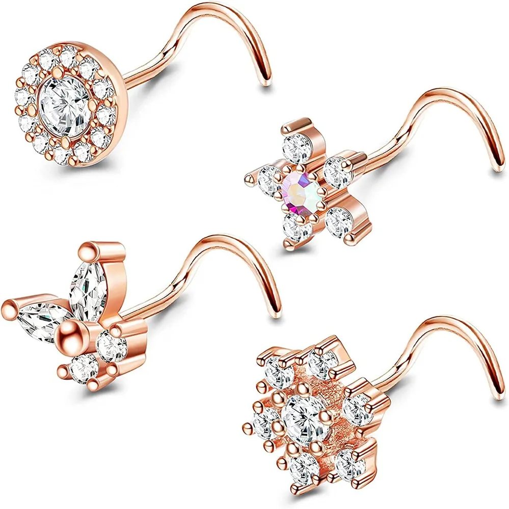 4 Pcs Surgical Steel 20G Nose Ring Stud S/L-Shape Nose Piercing Nose Bars for Women Men Butterfly CZ Flower Tiny Nose Stud Piercing Jewellery - Grocery