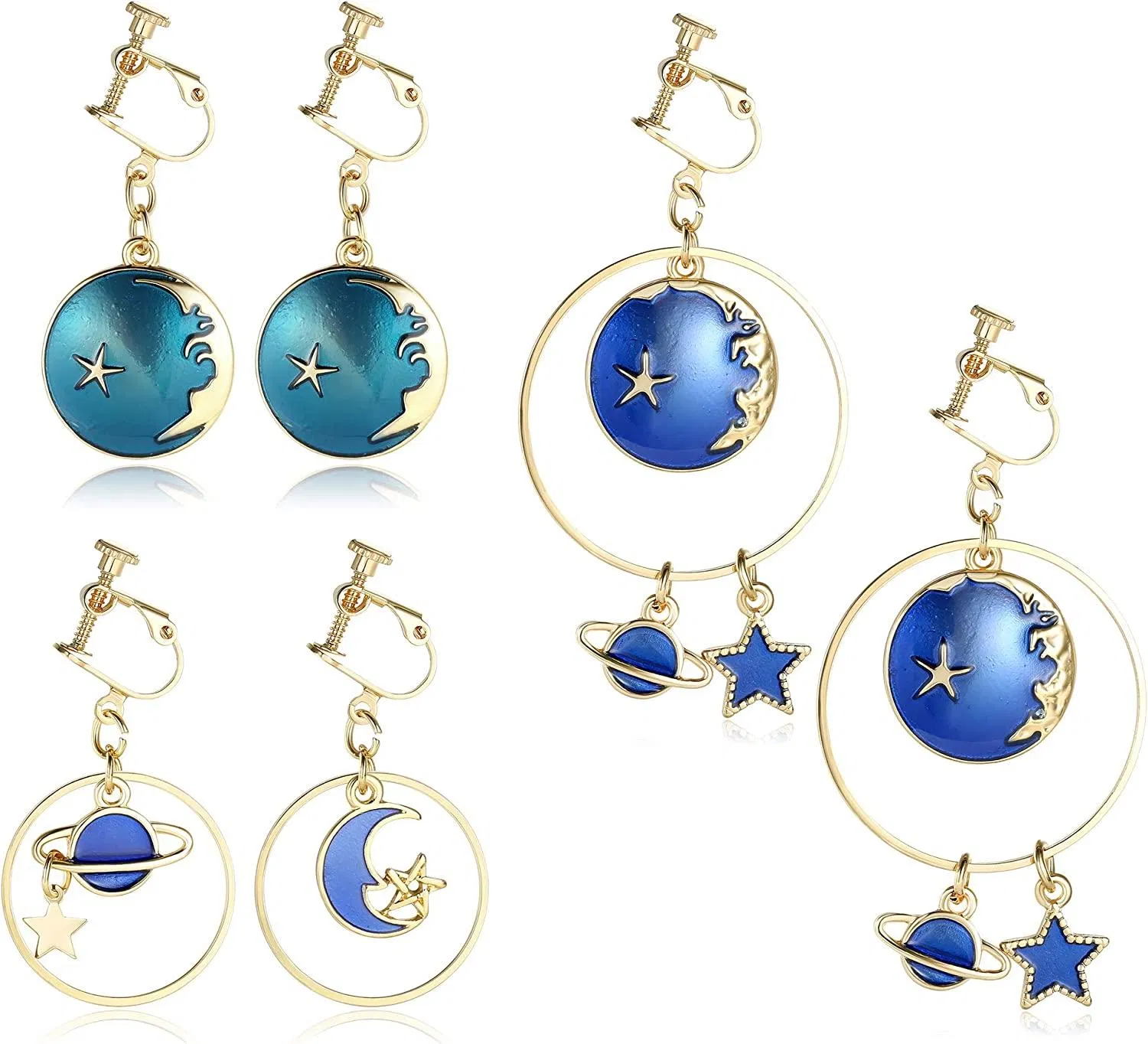 3 Pairs Clip on Earrings for Women Asymmetric Earth Star Moon Hoop Drop Dangle Earrings Set Non Pierced Aesthetic Moon Star Clip Earrings Women - Grocery