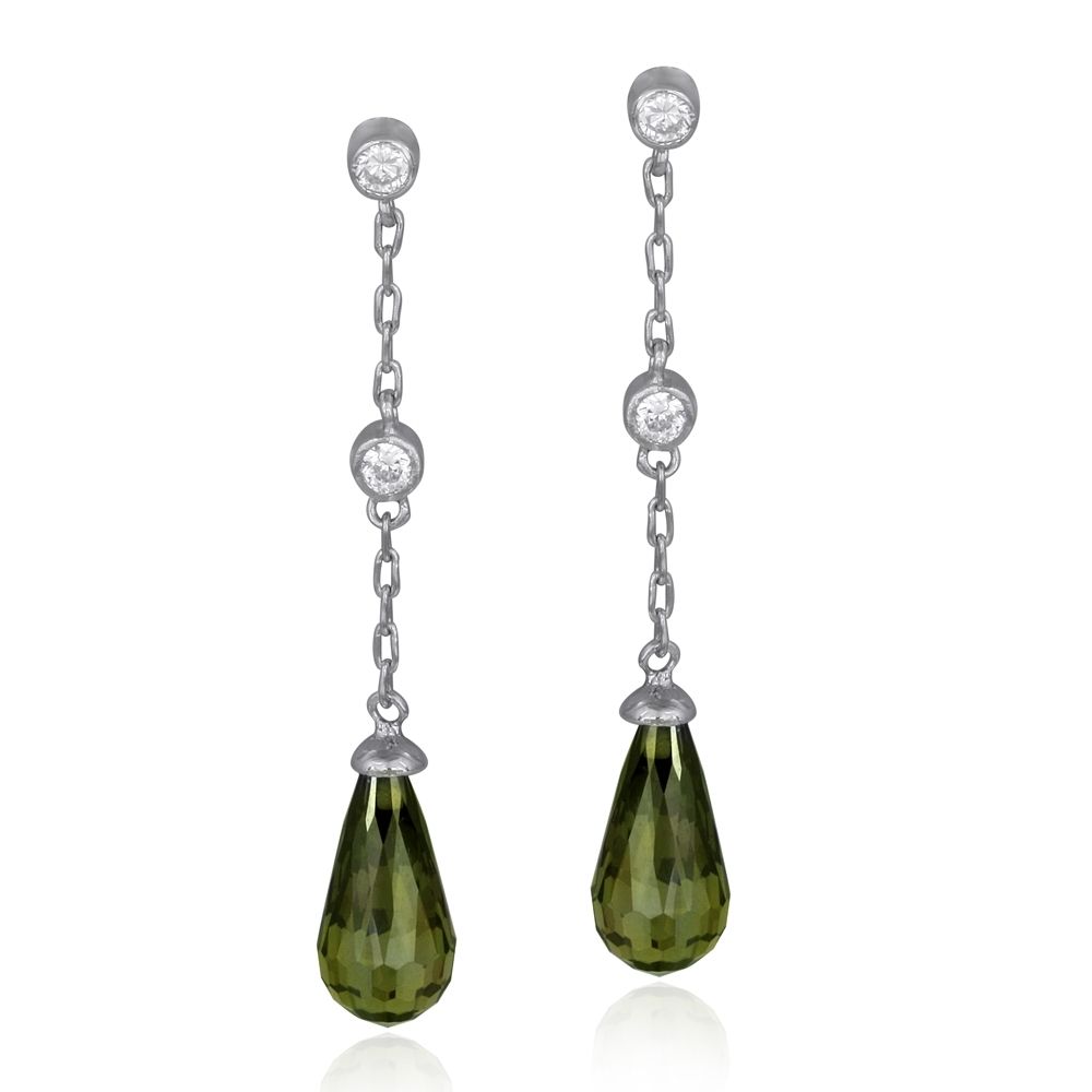 Sterling Silver Olive Green & White CZ Teardrop Dangle Earrings - Grocery