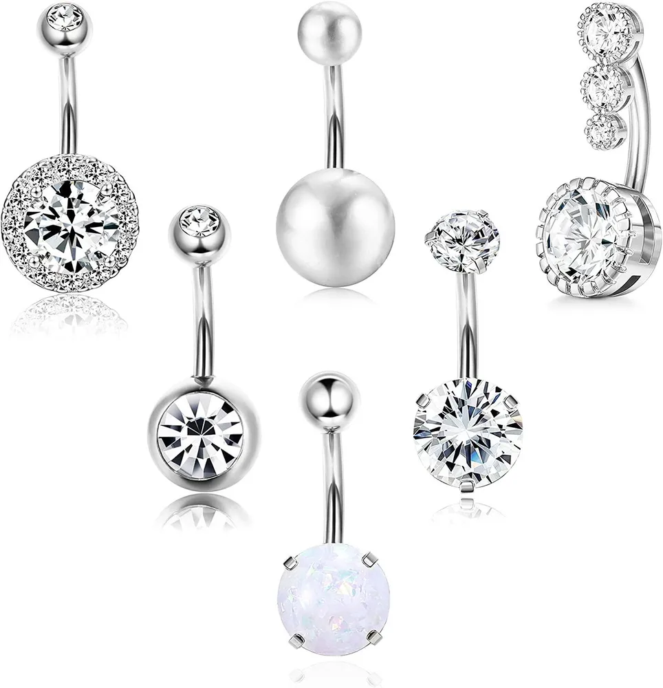 Belly Button Rings Surgical Reverse Navel Rings for Women Curved Barbell CZ Cute Body Piercing Jewelry 14G 6Pcs - Grocery