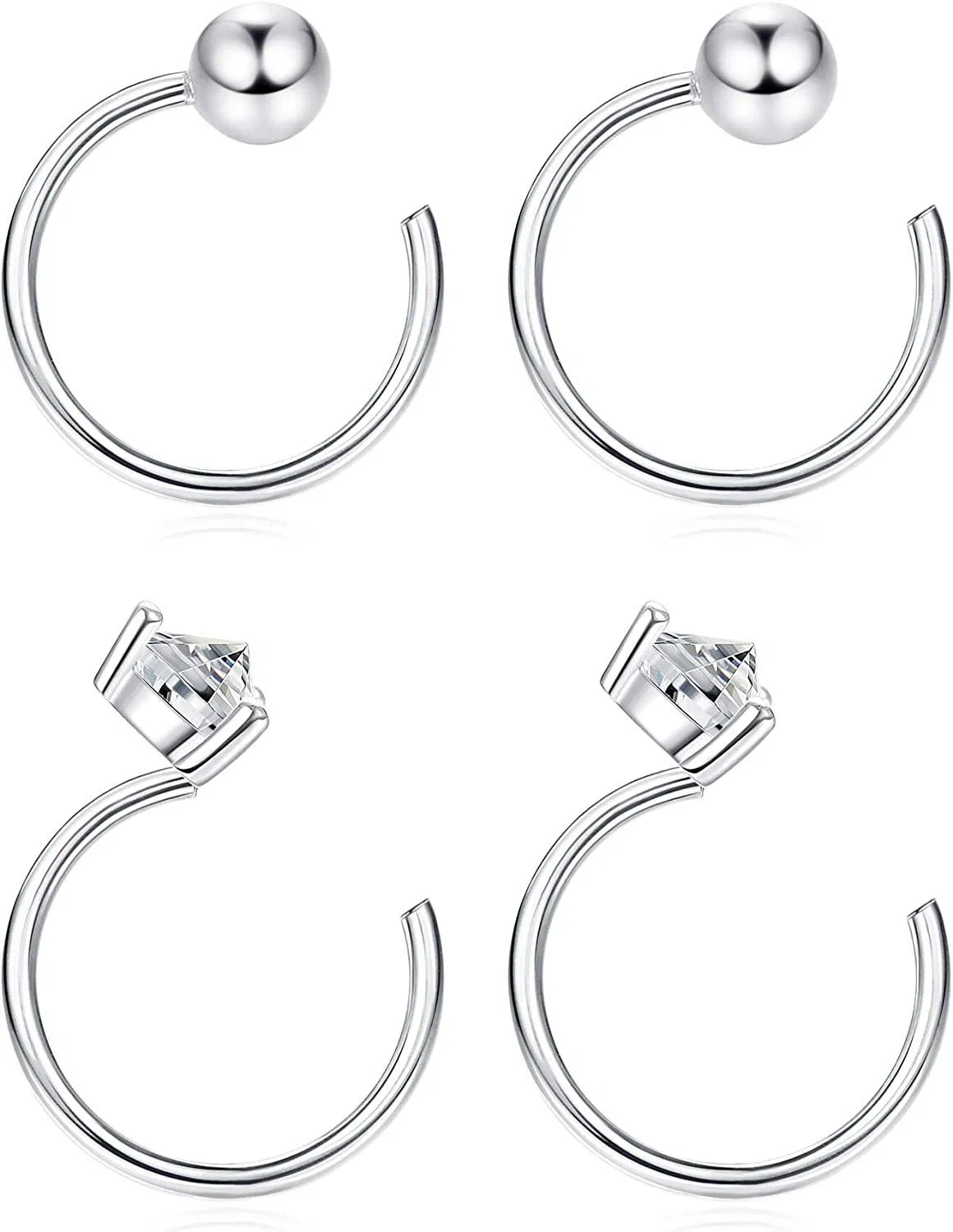 2 Pairs Ball Half Hoop Studs Earrings for Cartilage Women Piercing CZ Earrings Hypoallergenic Body - Grocery