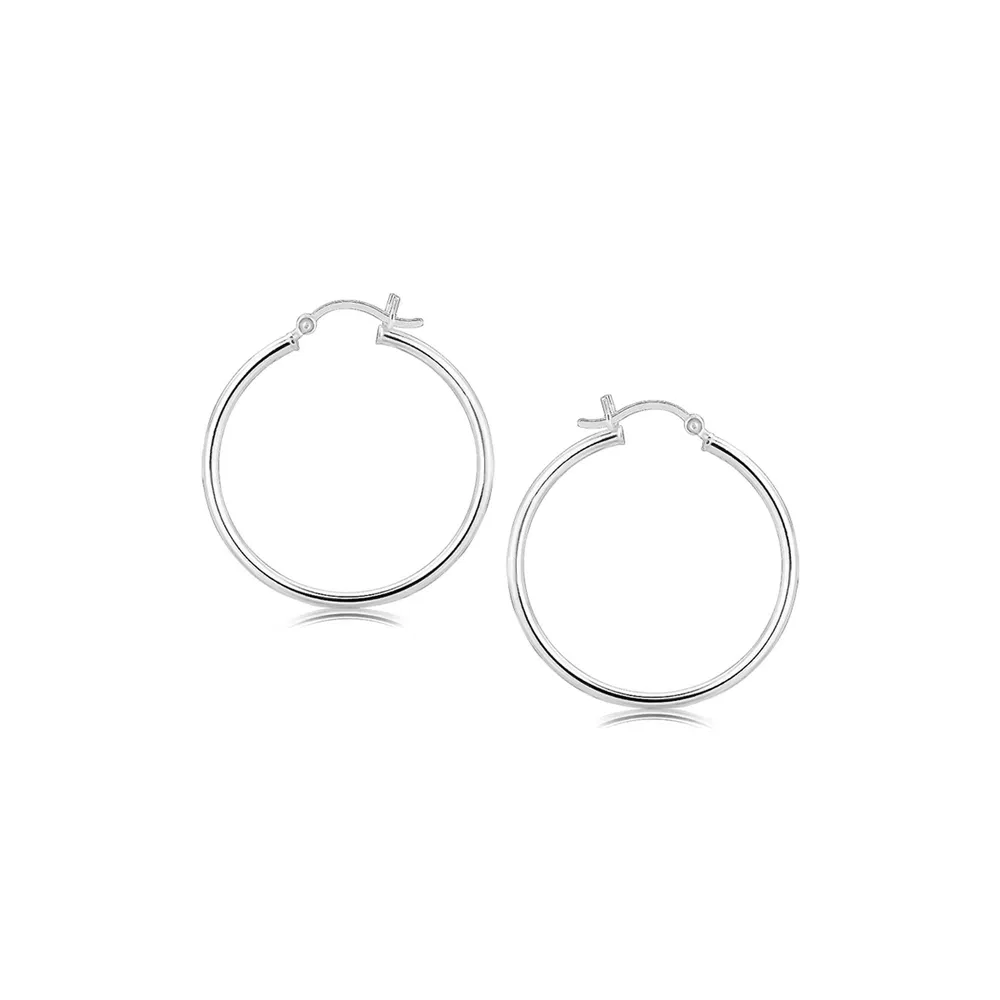 Sterling Silver Thin Polished Hoop Style Earrings with Rhodium Plating (2x30mm) - Grocery