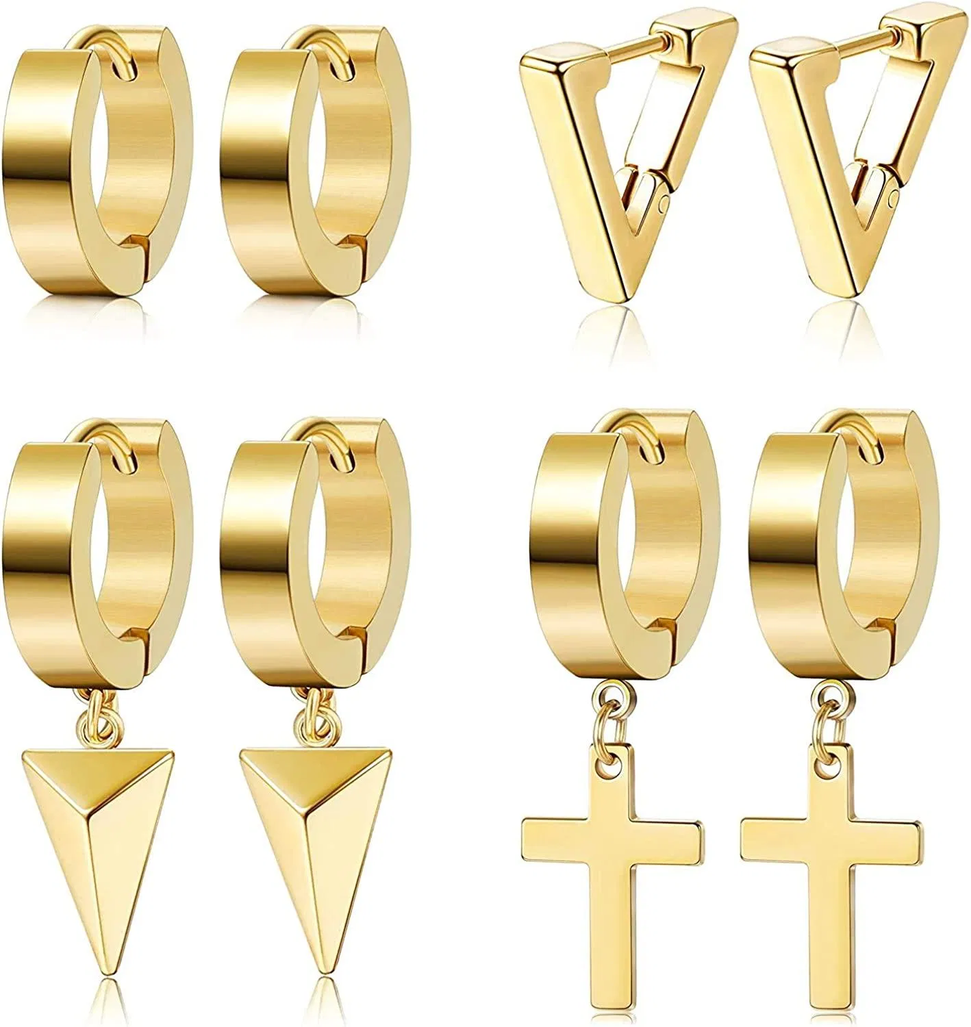4 Pairs Stainless Huggie Hoop Earrings for Men Women Triangle Cross Dangle Earrings Kpop Punk Hip-Hop Ear Piercing Earrings Set - Grocery