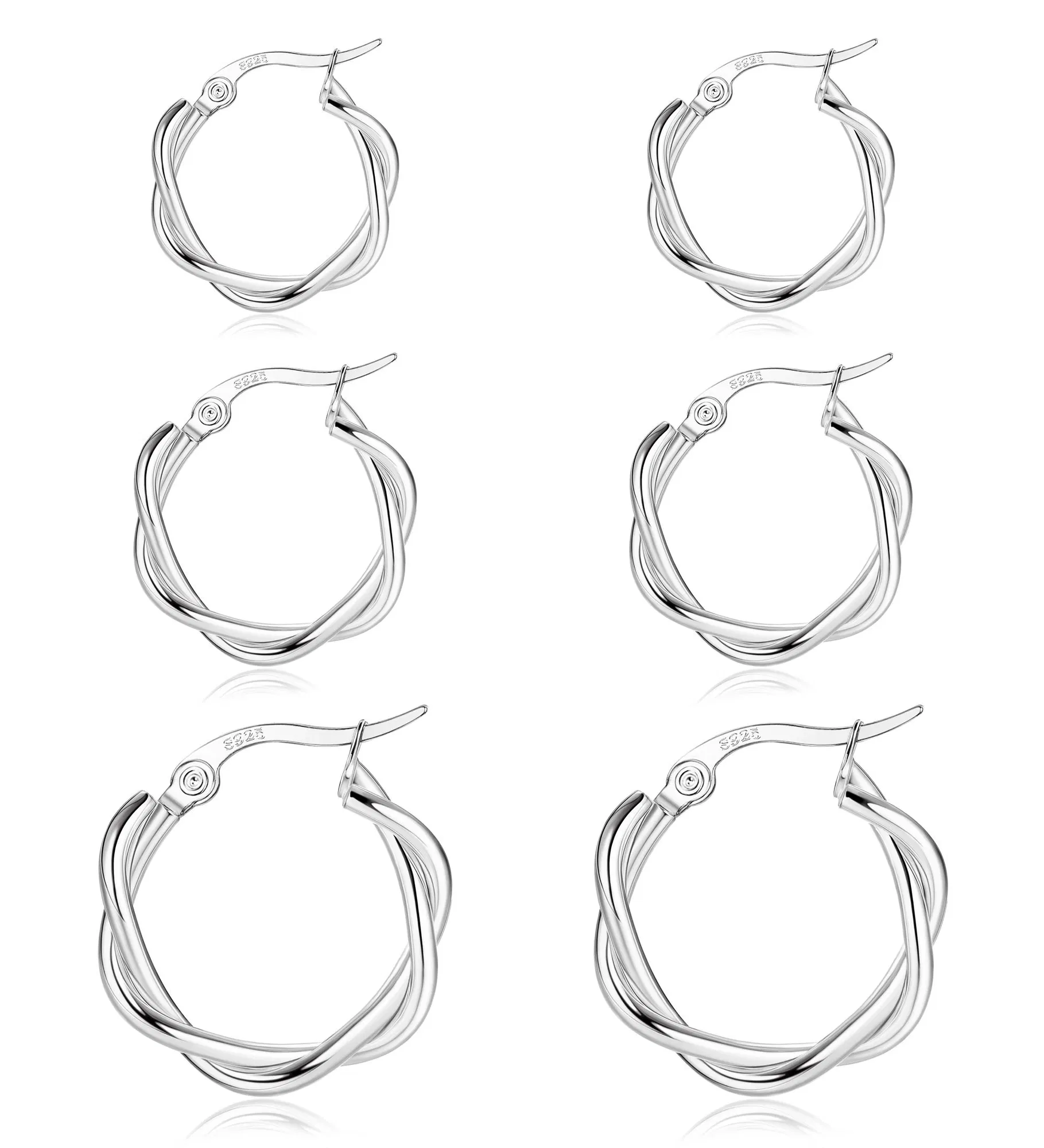 3 Pairs Sterling Silver 925 Hoop Earrings for Women Girl Earrings Hypoallergenic Sleeper Twist Hoops Earrings Diameter 13mm/15mm/20mm - Grocery