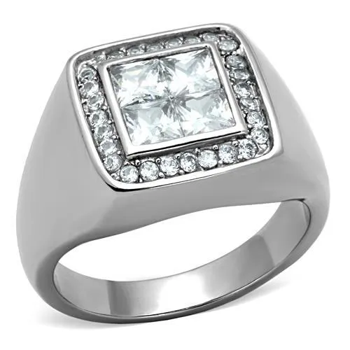TK1608 - High polished (no plating) Stainless Steel Ring with AAA Grade CZ in Clear - Grocery
