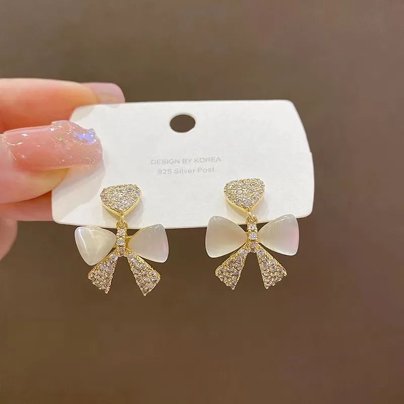 2023 New Trendy Temperament Stud Earrings Fashion Premium Sense Cat Eye Stone Earrings Internet Celebrity Bow Drop Earrings - Grocery