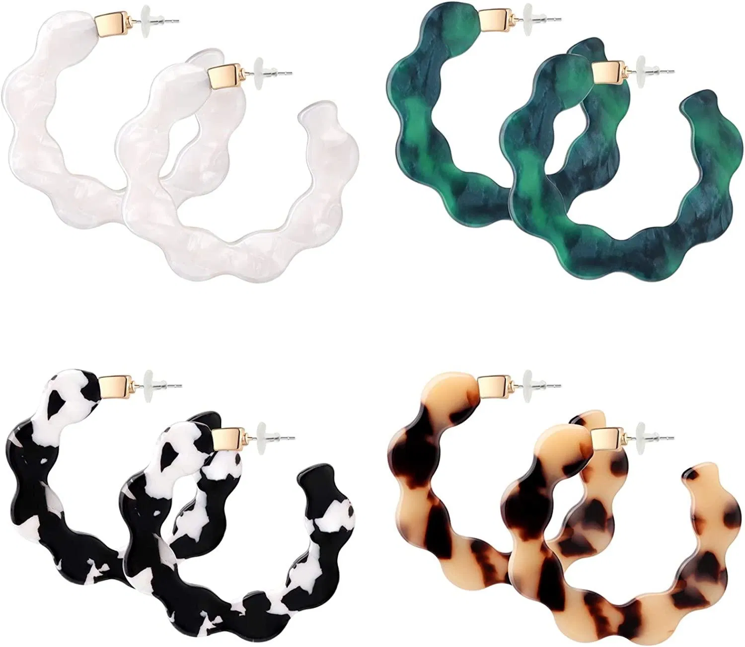 4 Pairs Mottled Acrylic Hoop Earrings for Women Lightweight Bohemian Jewelry Shell Resin Wave Statement Earrings Set - Grocery