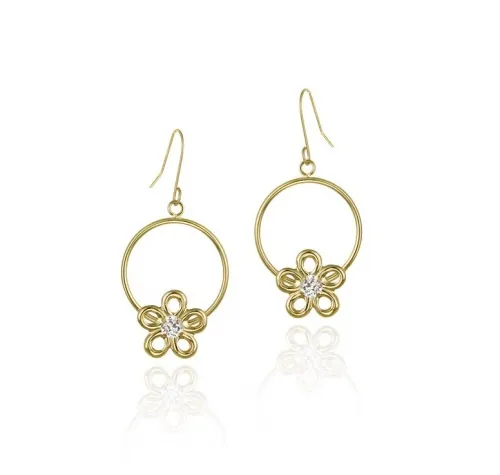 10K Gold Circle & CZ Flower Dangle Earrings - Grocery