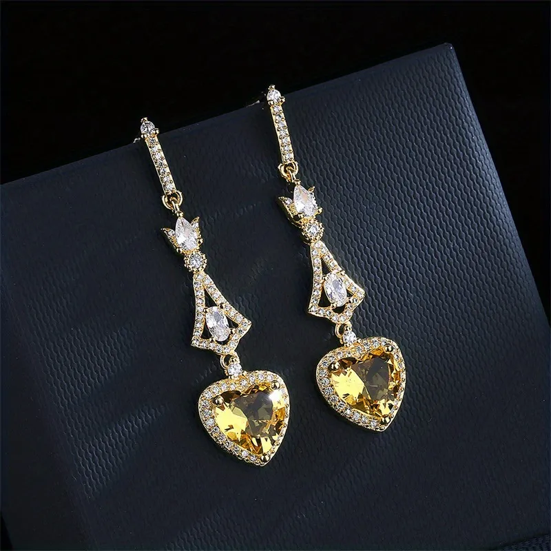 Geometry Shape 3 Claw Heart Yellow Faux Gemstone Long Earrings For Women Wedding Engagement Party Gift Vintage Bridal Jewelry - Grocery