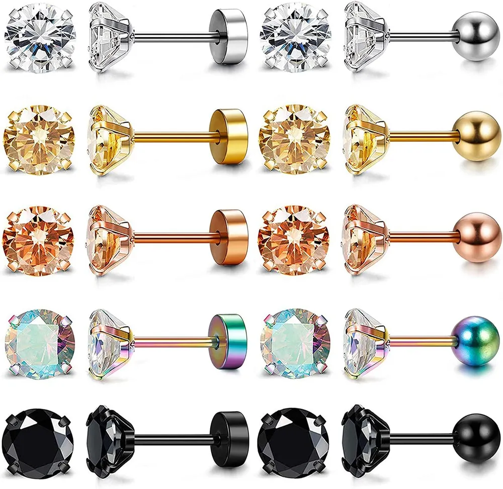 10 Pairs 18G Stainless Stud Earrings for Women Men Round Cubic Zirconia Barbell Flat Screw Back Ear Stud Piercing Set - Grocery