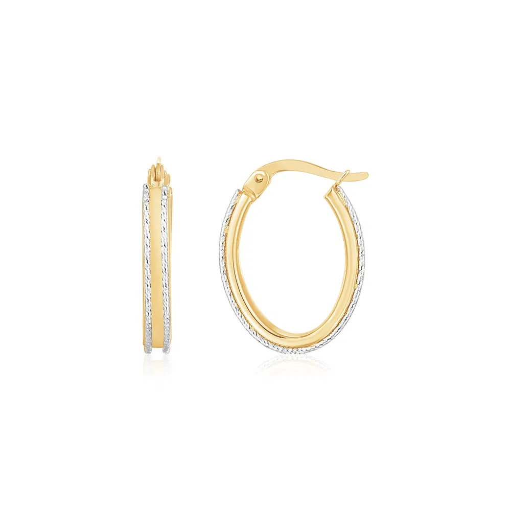14K Two Tone Gold Diamond Cut Oval Hoop Earrings - Grocery