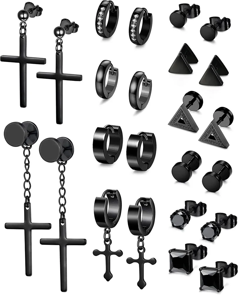 12 Pairs Stud Earrings Hoop Earrings Set for Men Women Stainless Cross Huggie Earrings Piercing - Grocery