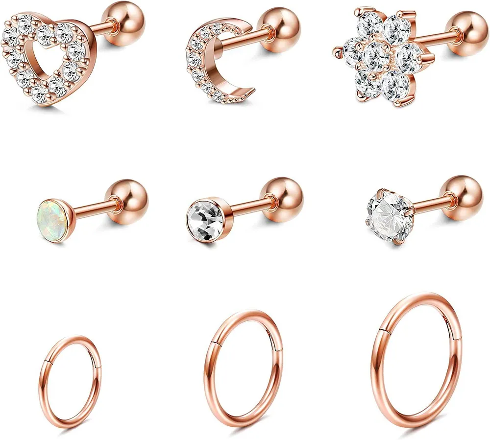 9Pcs Stainless Helix Cartilage Tragus Stud Earring Hoops for Women Grils CZ Barbell Piercing Earrings Stud Piercing Jewelry - Grocery