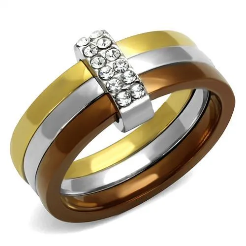 TK2600 - Three Tone IP(IP Gold & IP Light coffee & High Polished) Stainless Steel Ring with Top Grade Crystal in Clear - Grocery
