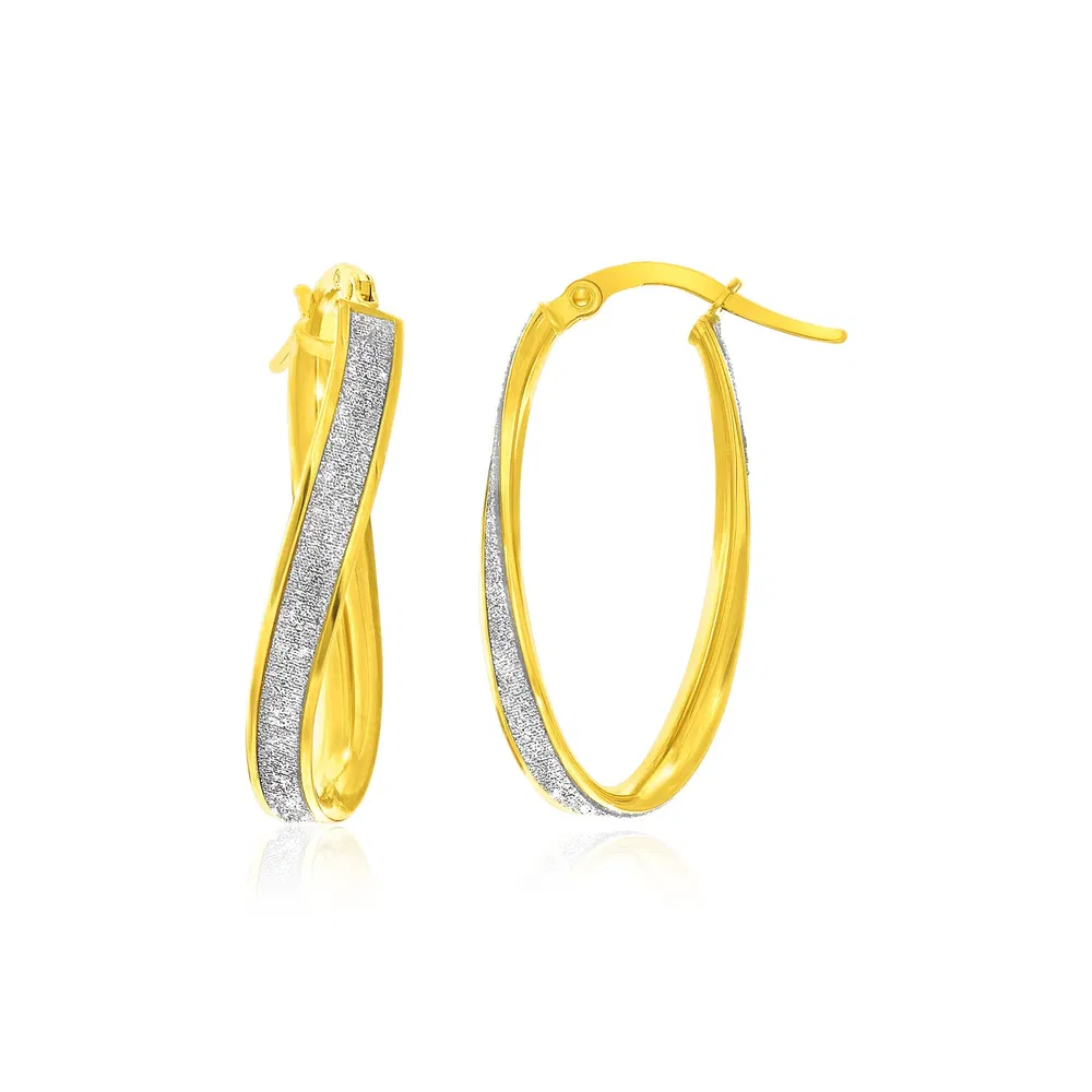 14k Two-Tone Gold Oval Hoop Twist Glittery Earrings - Grocery