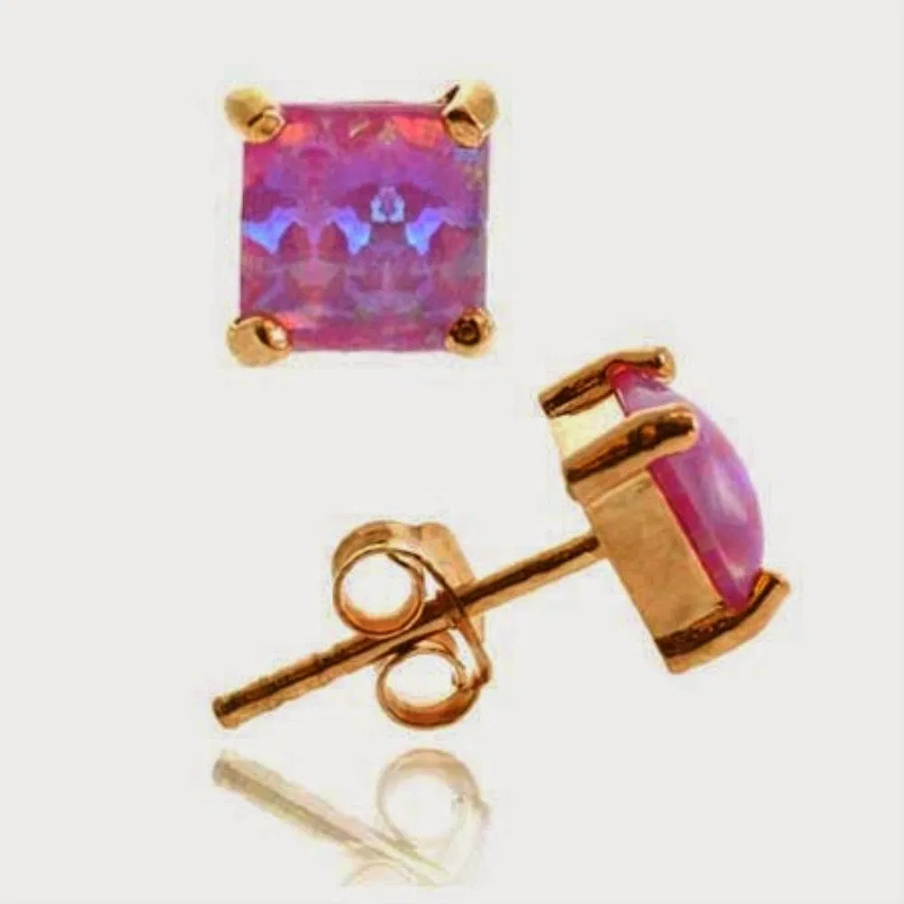18K Rose Gold over Sterling Silver Pink Opal 5mm Square Stud Earrings - Grocery