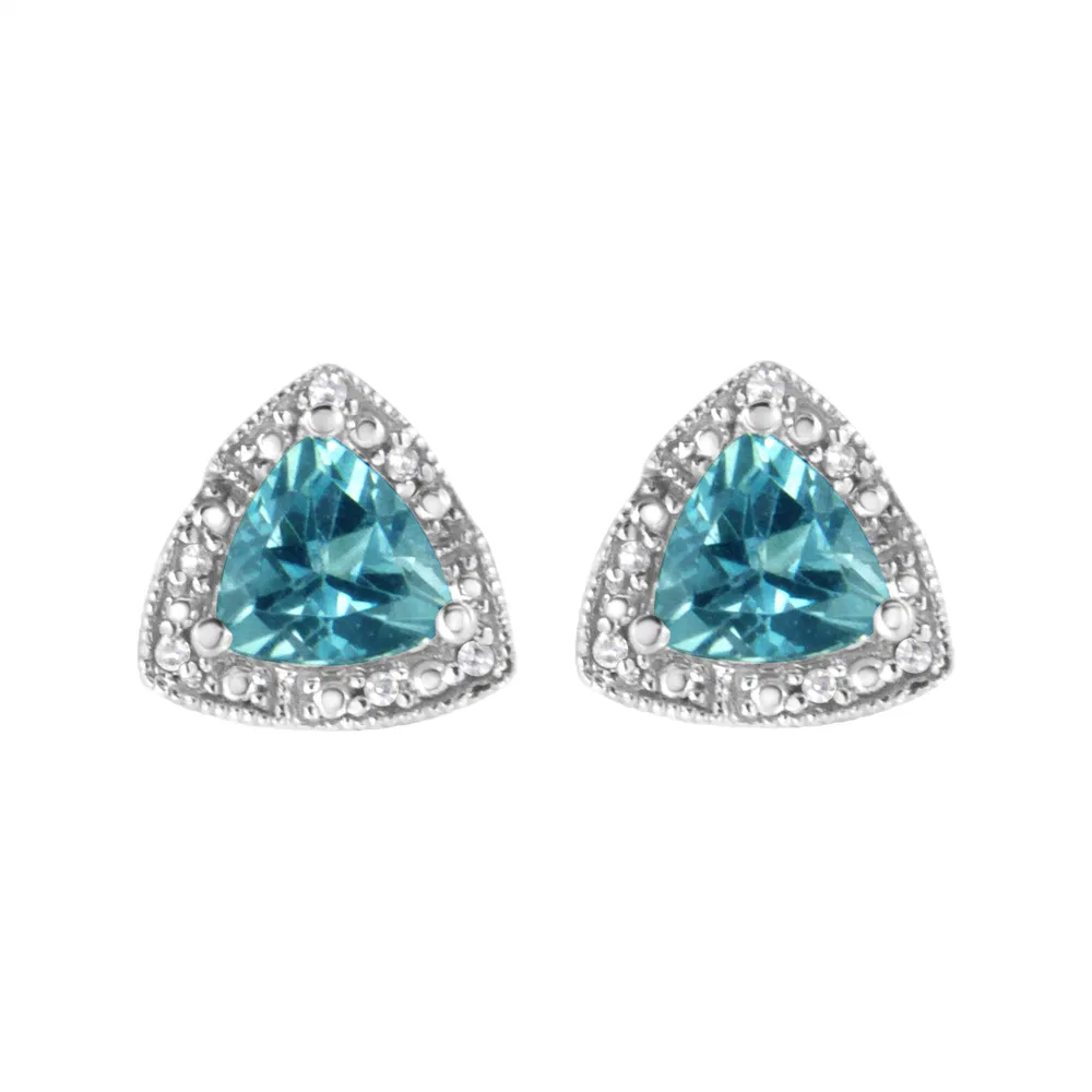 .925 Sterling Silver 6x6 mm Trillion Cut Blue Topaz Gemstone and Diamond Accent Stud Earring (I-J Color, I1-I2 Clarity) - Grocery