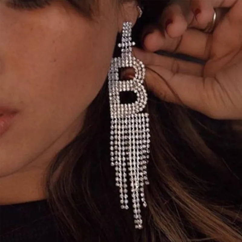 Fashion Jewelry 925 Silver Needle Ornaments Rhinestone Letter B Earrings Banquet Tassel Ear Ornaments Female - Grocery
