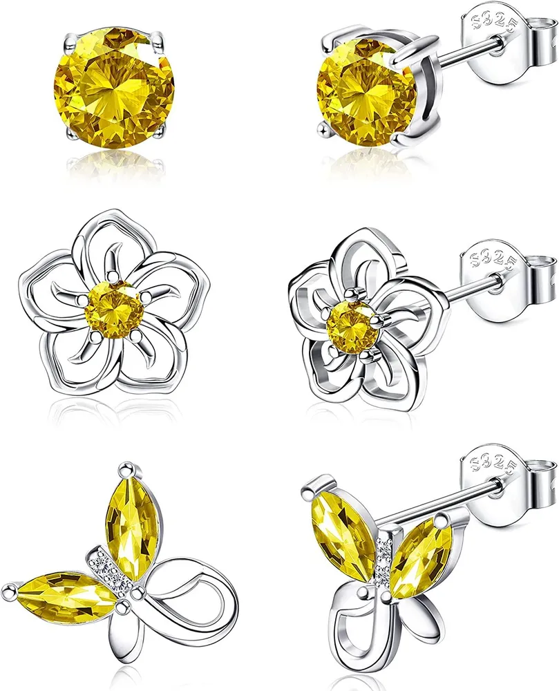 3Pairs Birthstone Earrings 12 Months for Women Hypoallergenic Butterfly Flower Stud Earrings for Birthday Gift - Grocery
