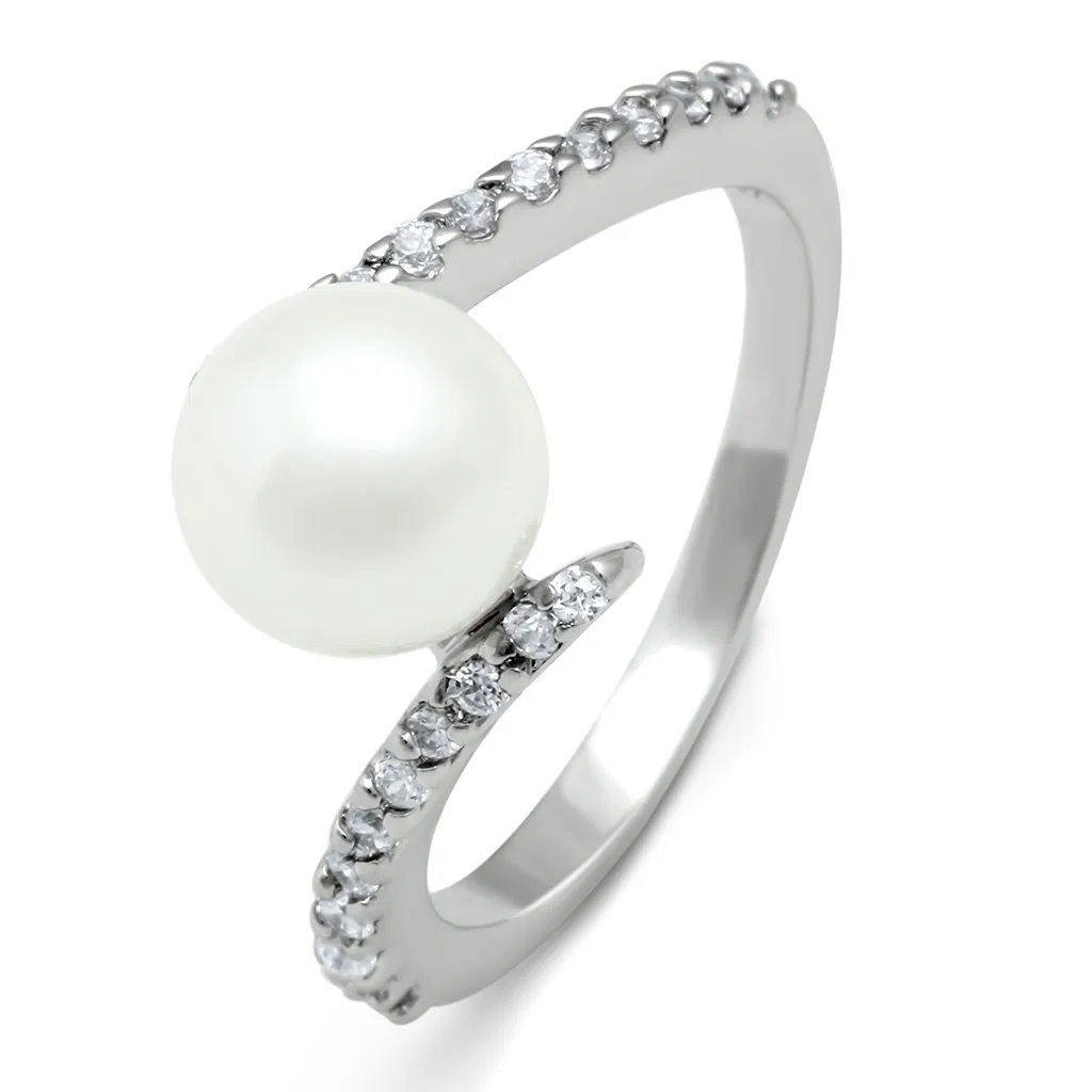 3W126 - Rhodium Brass Ring with Synthetic Pearl in White - Grocery