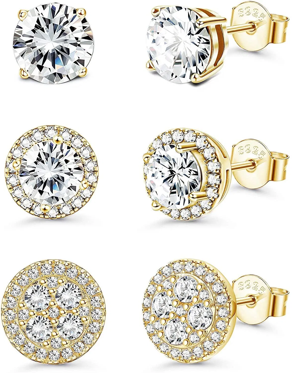 925 Sterling Silver Cubic Zirconia Halo Stud Earrings 18K Gold Plated Brilliant Round Cut CZ Earrings Set for Women Men - Grocery