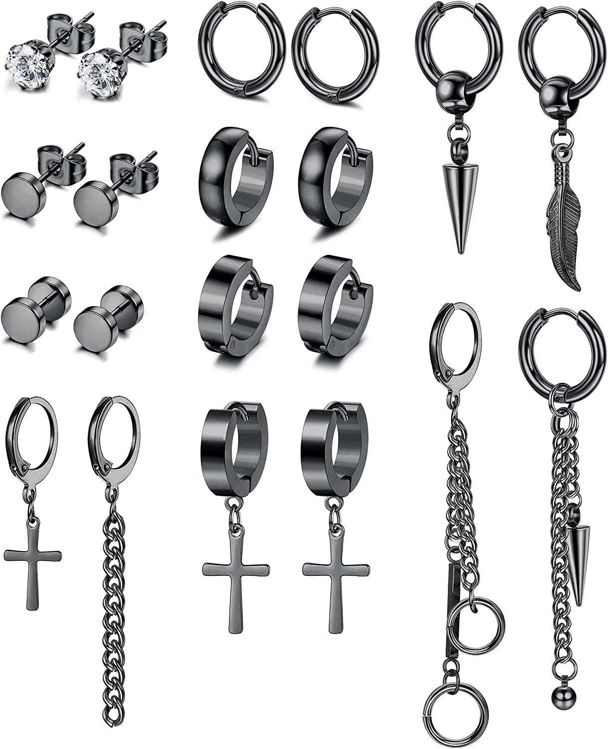 10 Pairs Stainless Dangle Earrings for Men Women Cool CZ Stud Hinged Hoop Cross Feather Chain Drop Earring Set - Grocery