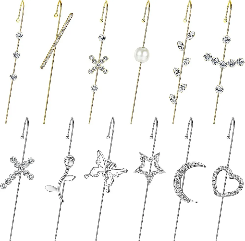 12 PCS Ear Wrap Crawler Hook Earrings Ear Cuff Climbers Pin Hook Earrings Ear Crawler Earrings for Women - Grocery