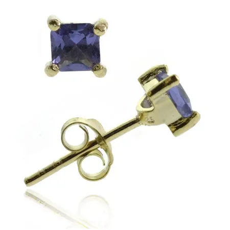 18K Gold over Sterling Silver Tanzanite CZ Square Stud Earrings, 4mm - Grocery
