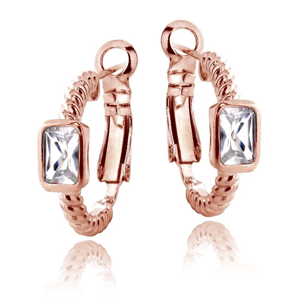 Rose Gold Tone Created White Sapphire Rectangle Shrimp Clutchless Earrings - Grocery