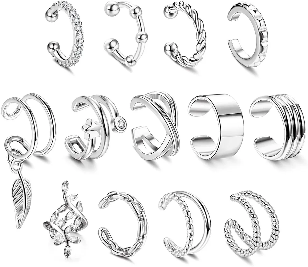 13Pcs Ear Cuffs for Women Non Piercing Adjustable Dainty Ear Cuff Helix Cartilage Clip On Wrap Cuff Earrings Set Sparkling Cubic Zirconia Cuff Earring - Grocery