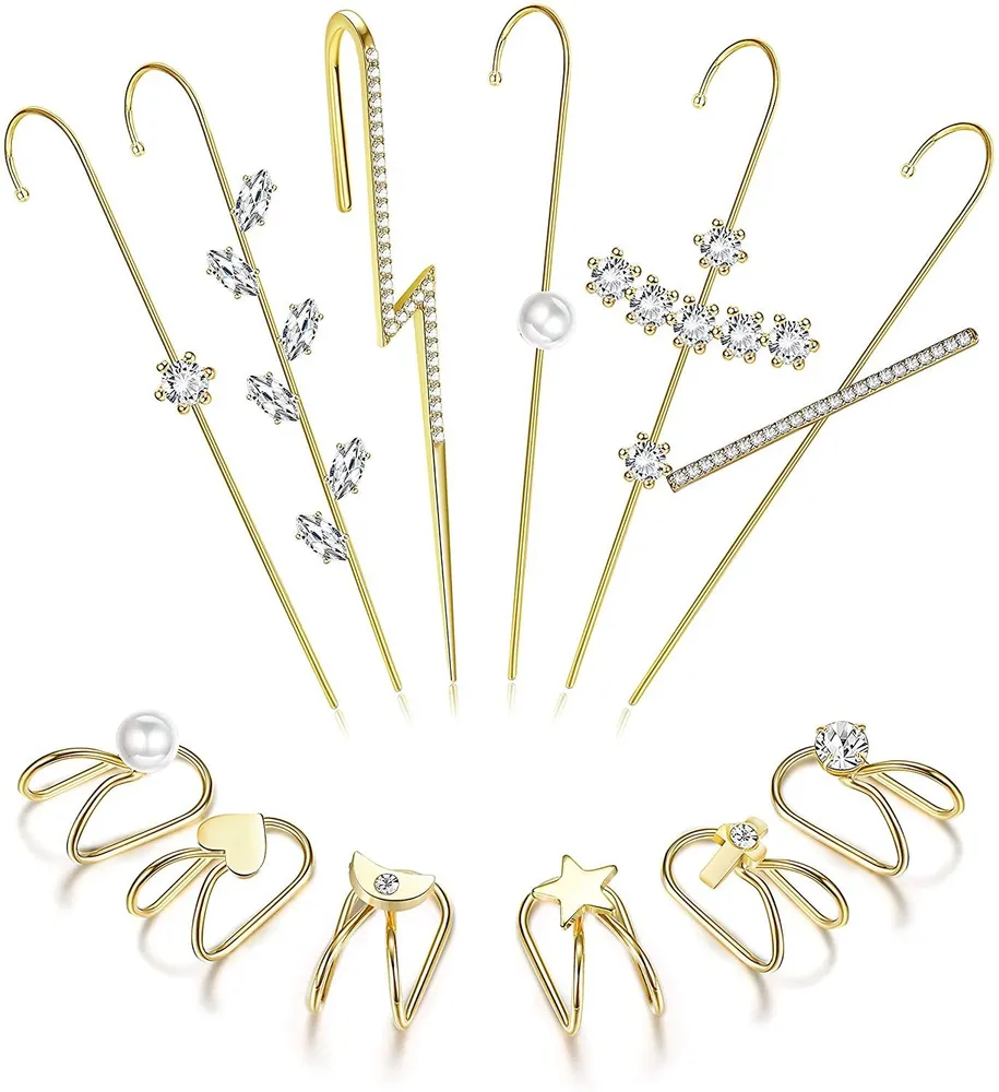 12Pcs Ear Wrap Crawler Hook Earrings for Women Gold Silver Ear Cuff Earrings Climber Piercing Ear Cartilage Clip On Earrings - Grocery
