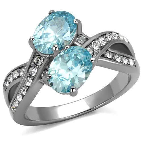 TK2501 - High polished (no plating) Stainless Steel Ring with AAA Grade CZ in Sea Blue - Grocery