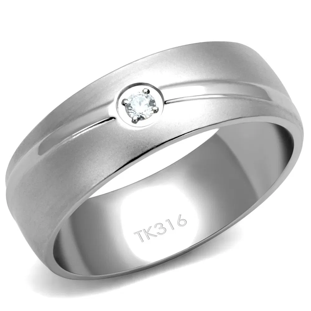 TK2931 - High polished (no plating) Stainless Steel Ring with AAA Grade CZ in Clear - Grocery
