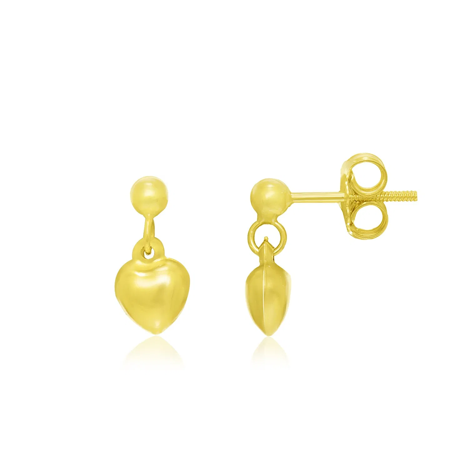14k Yellow Gold Puffed Heart childrens Dangling Earrings - Grocery
