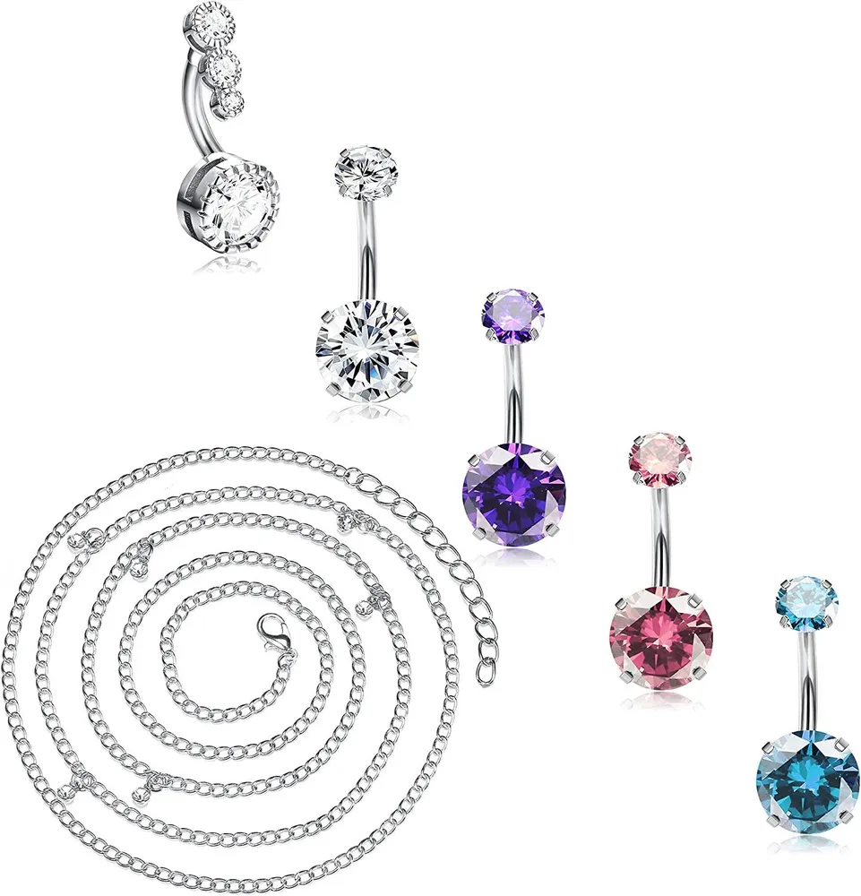 14G Belly Button Rings with Waist Chain Surgical Stainless Diamond CZ Dangle Belly Rings Cute Navel Rings Dangle Belly Button Piercing Jewelry for Women - Grocery