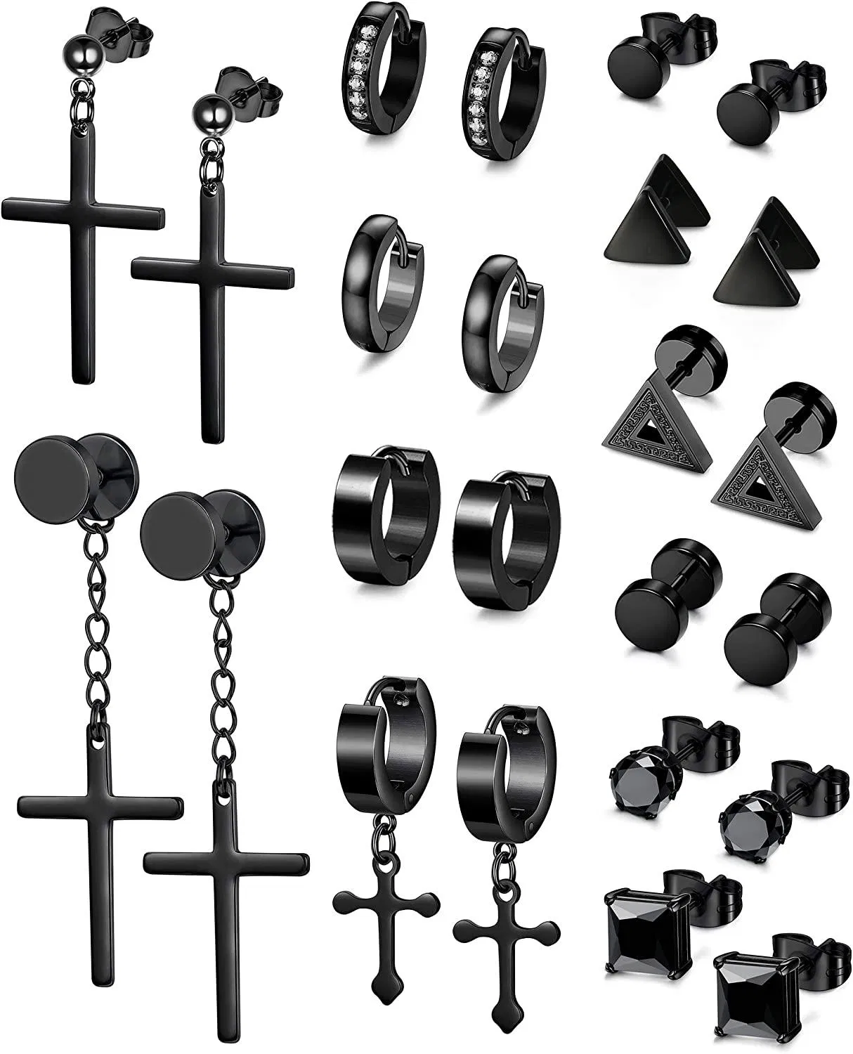 12 Pairs Stud Earrings Hoop Earrings Set for Men Women Stainless Cross Huggie Earrings Piercing - Grocery
