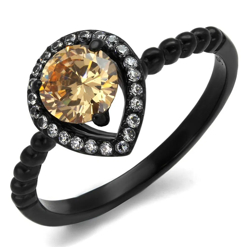TK2365 - IP Black(Ion Plating) Stainless Steel Ring with AAA Grade CZ in Champagne - Grocery