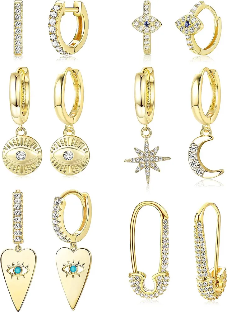 6 Pairs Huggie Hoop Earrings for Women Moon and Star Evil Eye Dangle Earrings Gold Dangle Earrings for Women - Grocery
