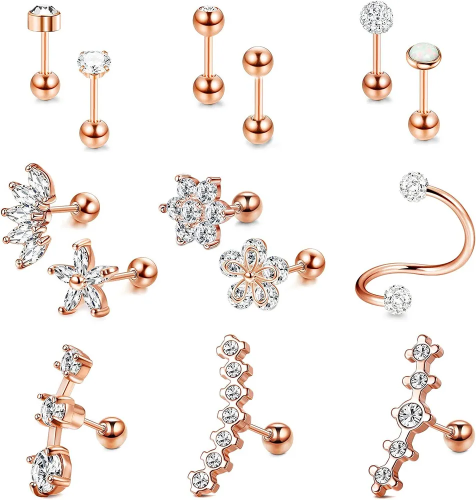 14 Pcs Stainless Cartilage Earrings Tragus Helix Ear Piercing Barbell Conch Earrings Helix Piercing Cubic Zirconia Cartilage Stud Earrings for Women Men - Grocery