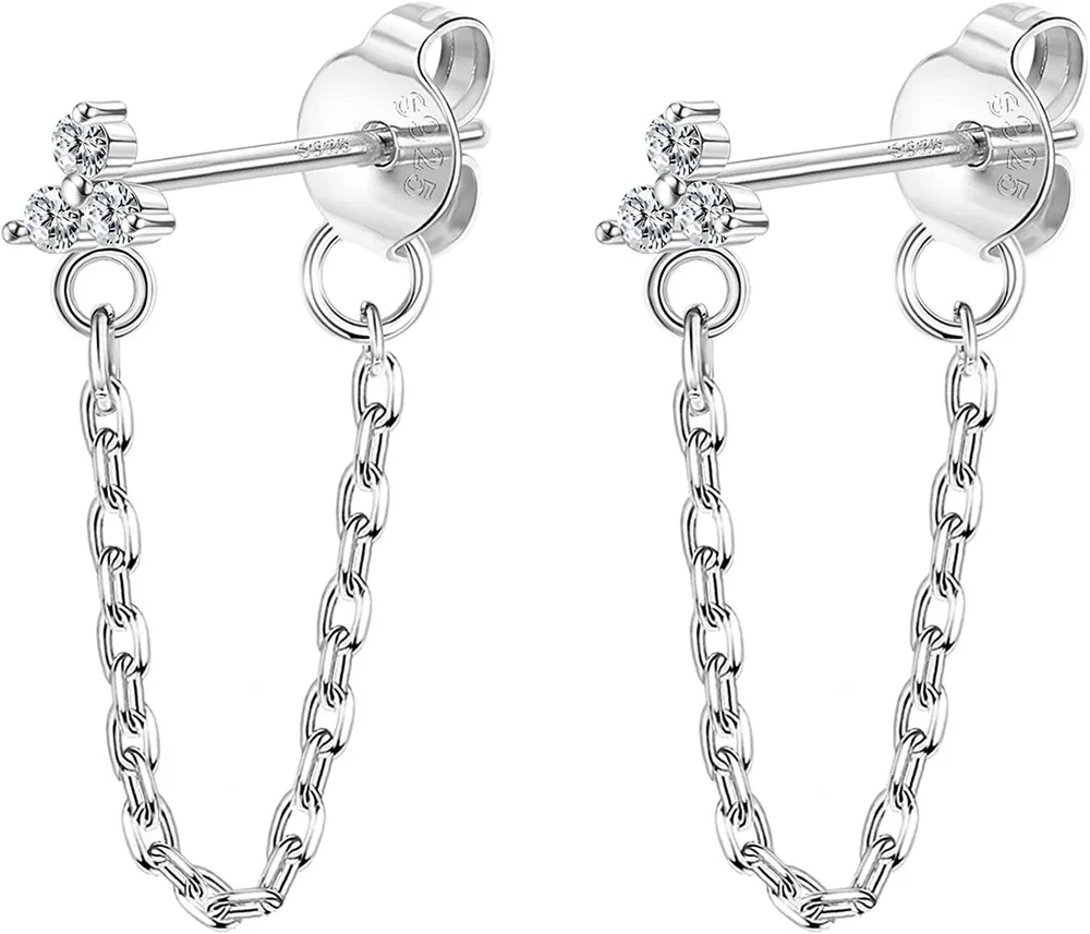 Bar Drop Chain Stud Earrings Butterfly Heart Moon Flower CZ Lightning Chain Earring Threader Dangle Earrings for Women - Grocery